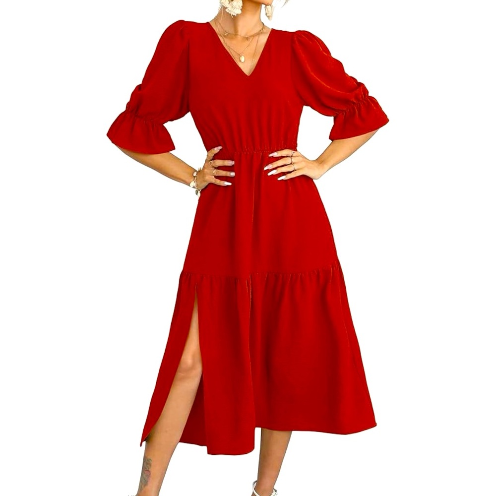 Ofeenan Women’s Casual V-neck Dress, 3/4 puff sleeve, long ruffle midi dress.